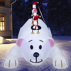 🆕7.7(L) x 6 FT(H) Inflatable Lighted Polar Bear with Three Penguin Decoration